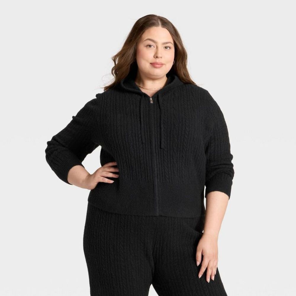 Open Box - Universal Thread - Women's Cozy Zip-Up Hoodie Cardigan Swe Black